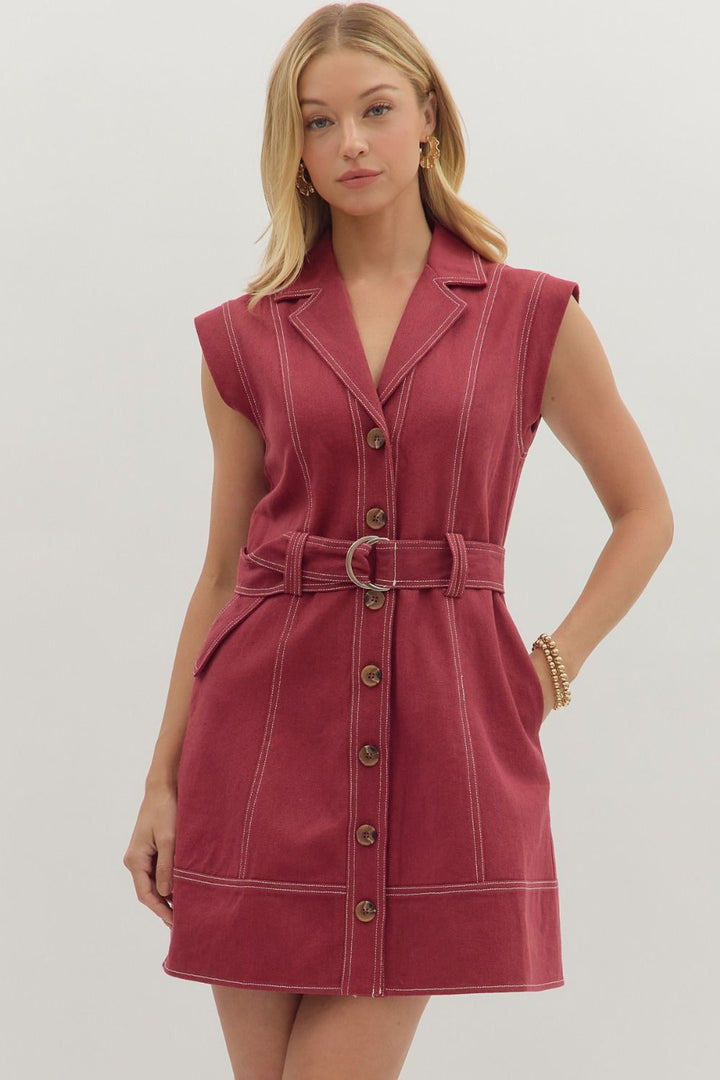 Sleeveless Belted Lapel Mini Dress - Lush Lemon - Women's Clothing - Entro - 25951921059613