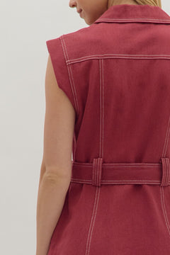 Sleeveless Belted Lapel Mini Dress - Lush Lemon - Women&