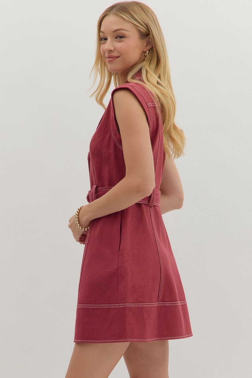 Sleeveless Belted Lapel Mini Dress - Lush Lemon - Women's Clothing - Entro - 25951921059613