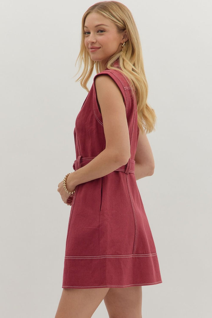 Sleeveless Belted Lapel Mini Dress - Lush Lemon - Women's Clothing - Entro - 25951921059613