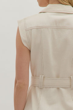 Sleeveless Belted Lapel Mini Dress - Lush Lemon - Women&