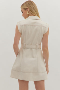 Sleeveless Belted Lapel Mini Dress - Lush Lemon - Women&