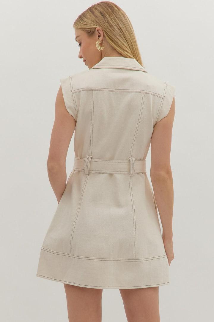 Sleeveless Belted Lapel Mini Dress - Lush Lemon - Women's Clothing - Entro - 25951921357917
