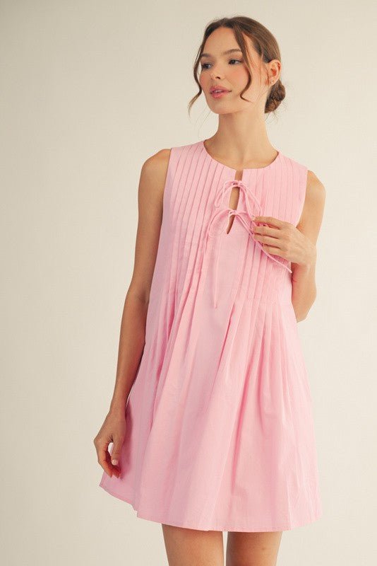 Sleeveless Pintuck Mini Dress - Lush Lemon - Women's Clothing - Jodifl - 83155651048029