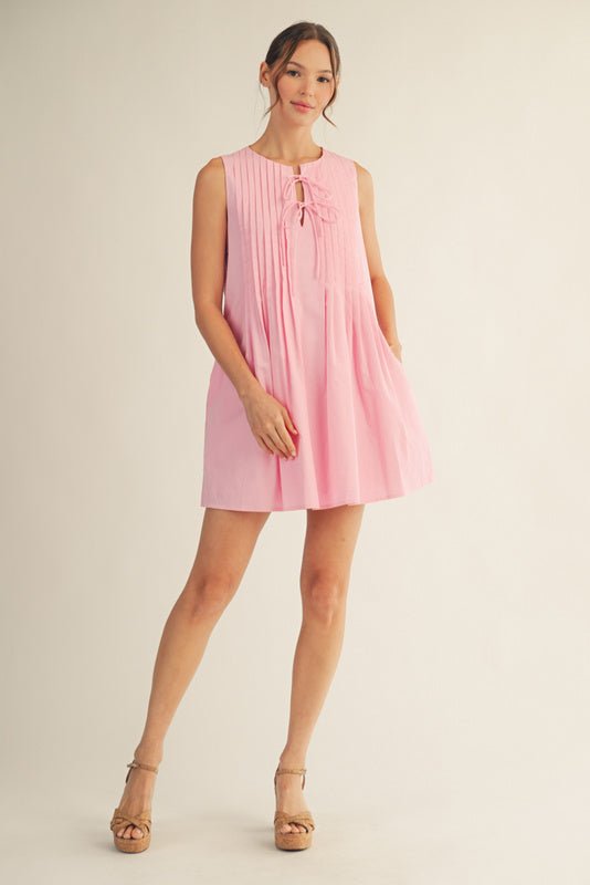 Sleeveless Pintuck Mini Dress - Lush Lemon - Women's Clothing - Jodifl - 83155651048029