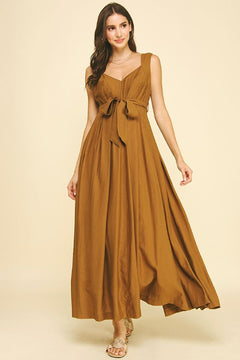 Sleeveless Solid Maxi Dress with Waist Tie - Lush Lemon - Women&