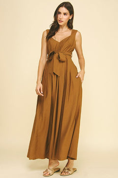 Sleeveless Solid Maxi Dress with Waist Tie - Lush Lemon - Women&