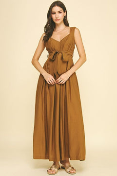 Sleeveless Solid Maxi Dress with Waist Tie - Lush Lemon - Women&