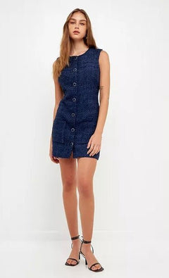Sleeveless Tweed Mini Dress - Lush Lemon - Women&
