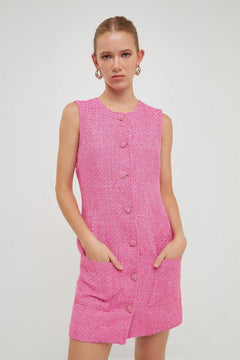 Sleeveless Tweed Mini Dress - Lush Lemon - Women&