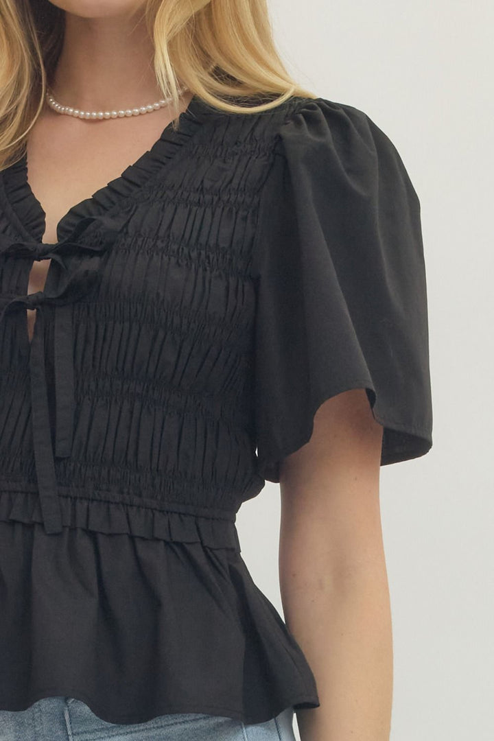 Smocked Bow Tie Peplum Top W/ Flutter Sleeves - Lush Lemon - Women's Clothing - Entro - 37405321096733