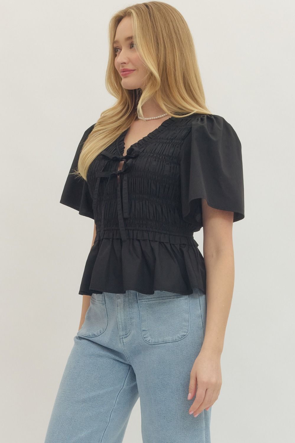 Smocked Bow Tie Peplum Top W/ Flutter Sleeves - Lush Lemon - Women's Clothing - Entro - 37405321096733