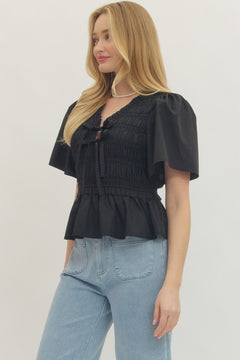 Smocked Bow Tie Peplum Top W/ Flutter Sleeves - Lush Lemon - Women&