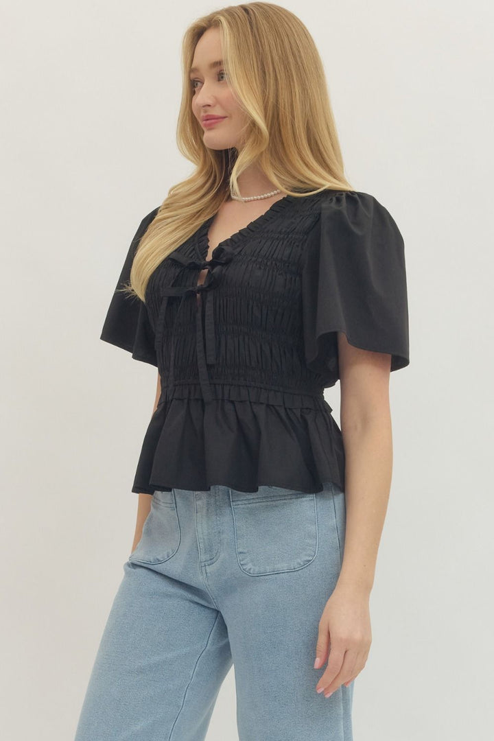 Smocked Bow Tie Peplum Top W/ Flutter Sleeves - Lush Lemon - Women's Clothing - Entro - 37405321096733