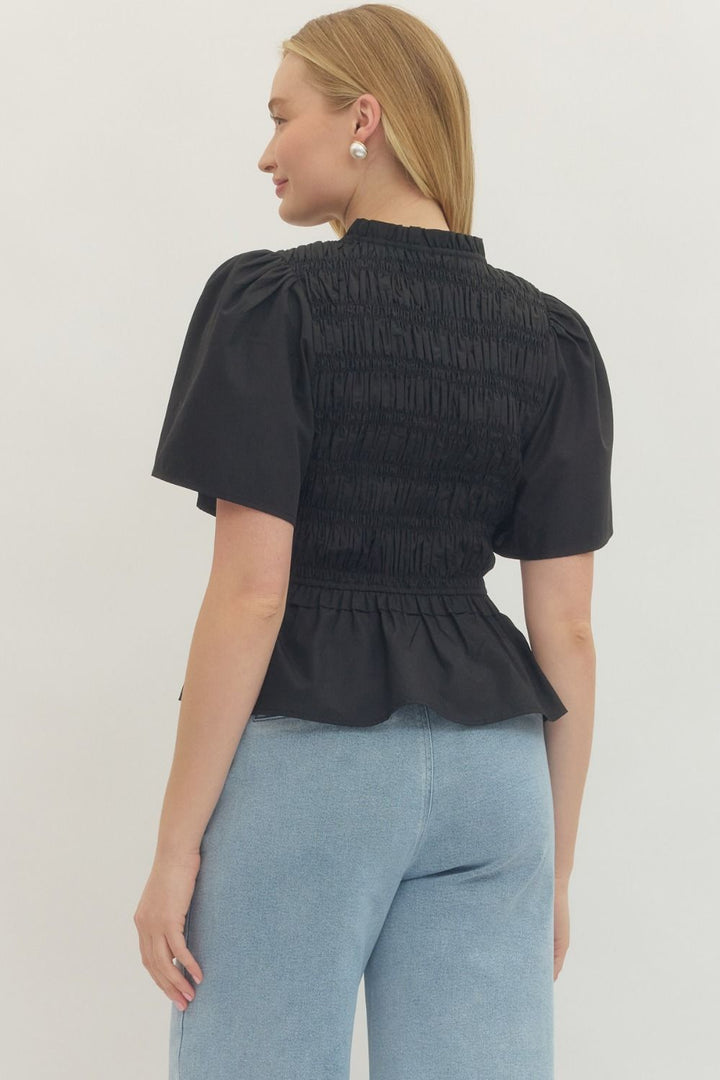 Smocked Bow Tie Peplum Top W/ Flutter Sleeves - Lush Lemon - Women's Clothing - Entro - 37405321096733