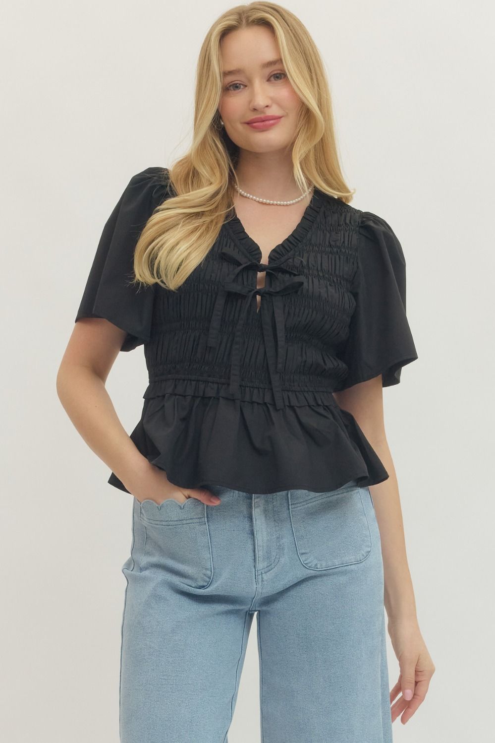 Smocked Bow Tie Peplum Top W/ Flutter Sleeves - Lush Lemon - Women's Clothing - Entro - 37405321096733