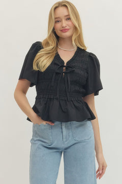 Smocked Bow Tie Peplum Top W/ Flutter Sleeves - Lush Lemon - Women&