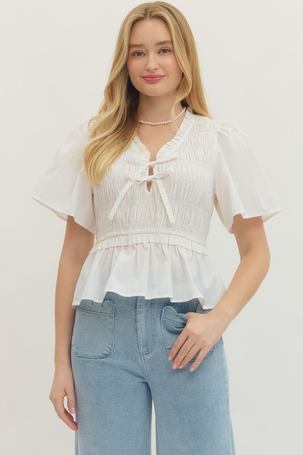 Smocked Bow Tie Peplum Top W/ Flutter Sleeves - Lush Lemon - Women's Clothing - Entro - 37405321395037