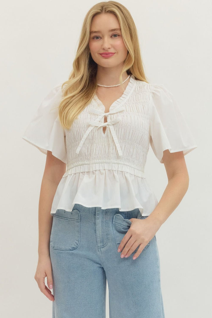 Smocked Bow Tie Peplum Top W/ Flutter Sleeves - Lush Lemon - Women's Clothing - Entro - 37405321395037