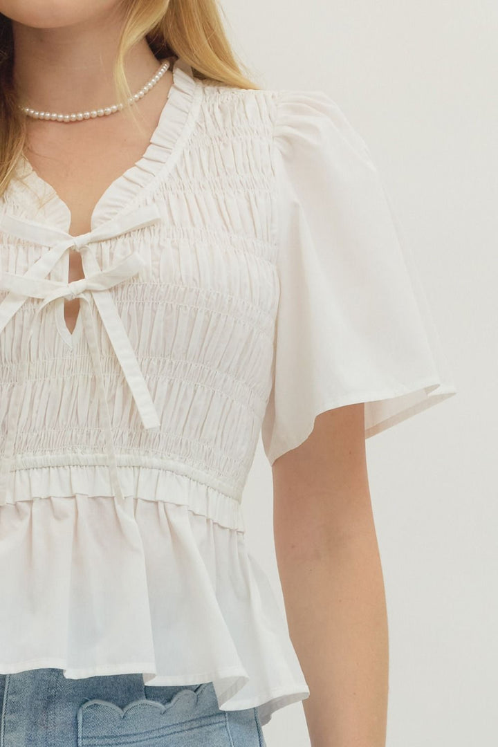 Smocked Bow Tie Peplum Top W/ Flutter Sleeves - Lush Lemon - Women's Clothing - Entro - 37405321395037