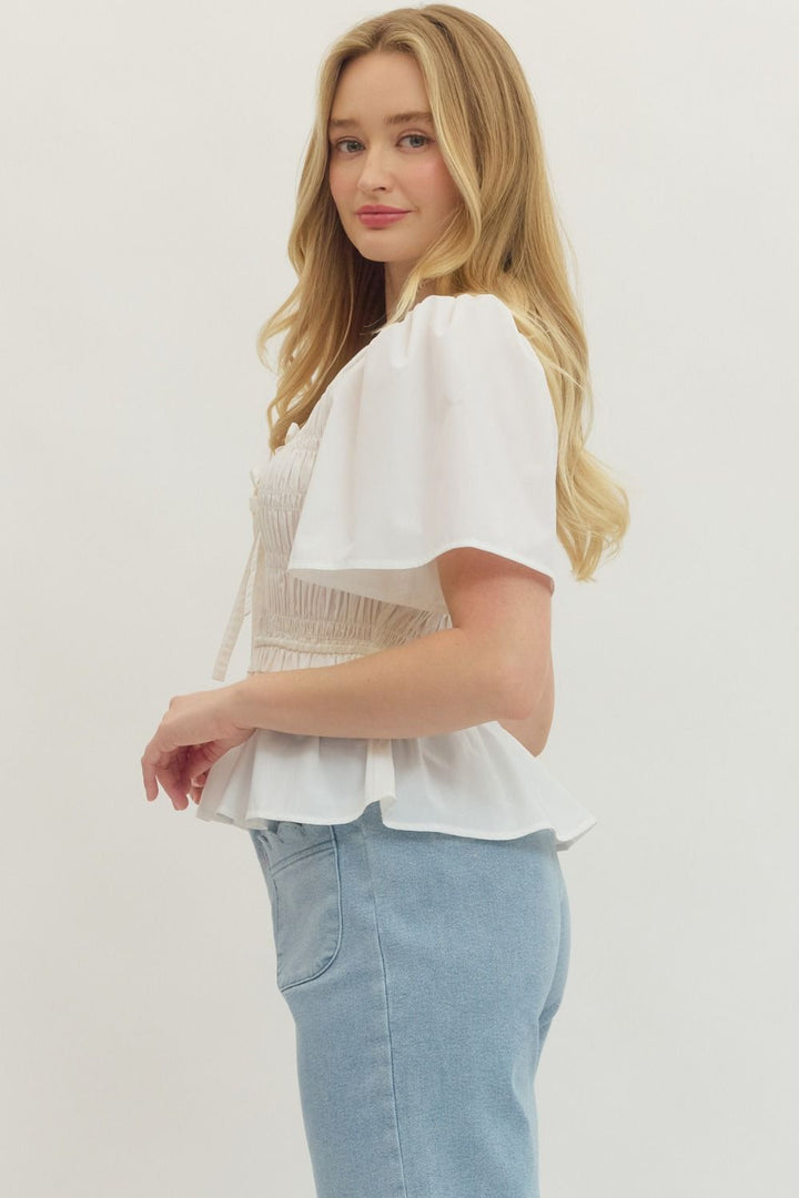Smocked Bow Tie Peplum Top W/ Flutter Sleeves - Lush Lemon - Women's Clothing - Entro - 37405321395037