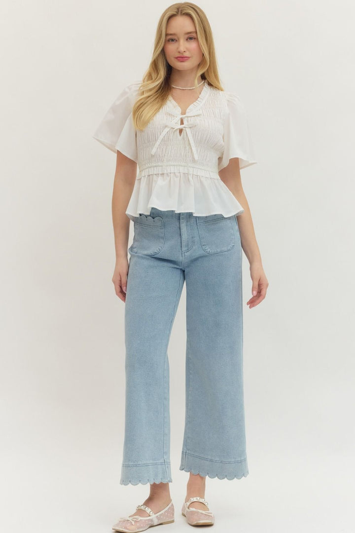 Smocked Bow Tie Peplum Top W/ Flutter Sleeves - Lush Lemon - Women's Clothing - Entro - 37405321395037