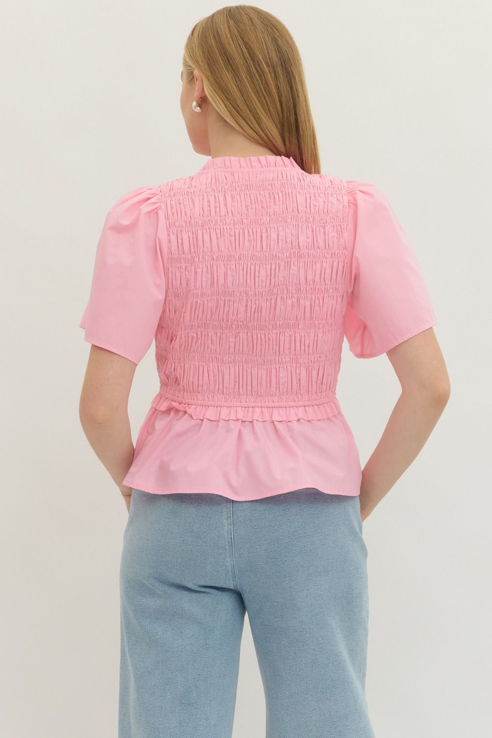 Smocked Bow Tie Peplum Top W/ Flutter Sleeves - Lush Lemon - Women's Clothing - Entro - 37405321693341