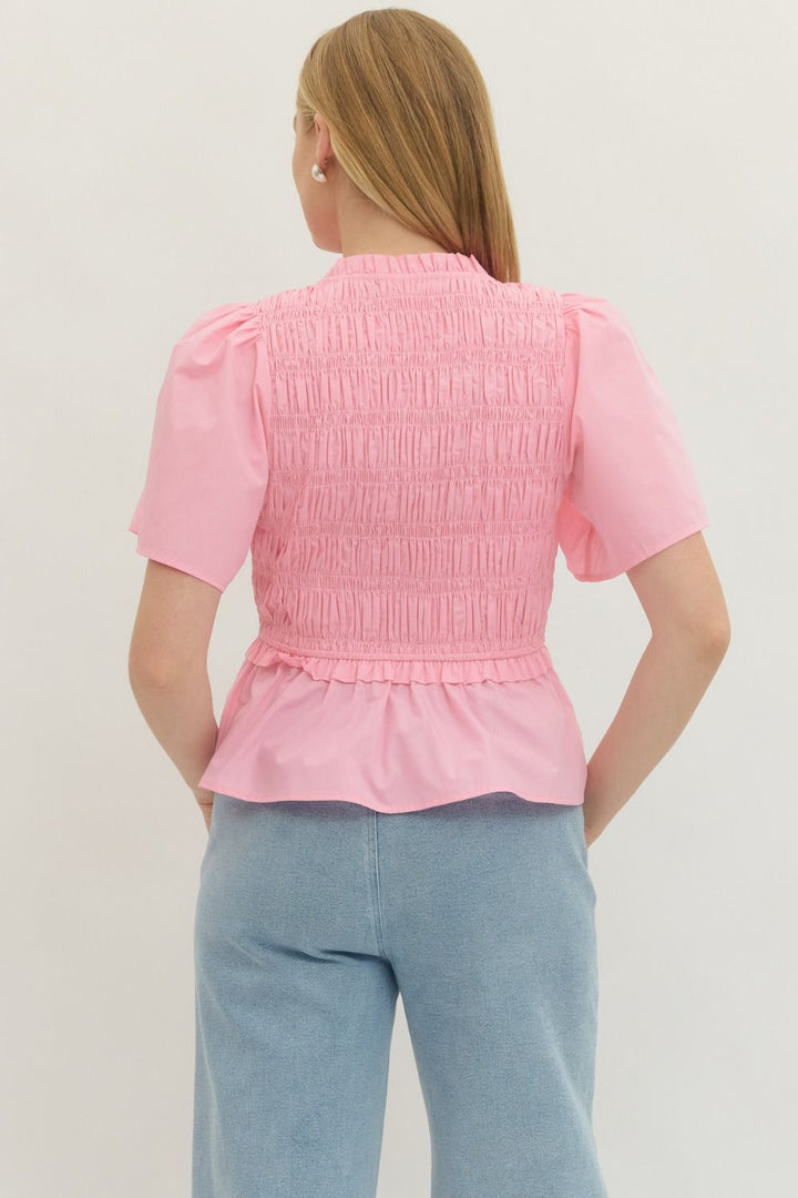 Smocked Bow Tie Peplum Top W/ Flutter Sleeves - Lush Lemon - Women's Clothing - Entro - 37405321693341