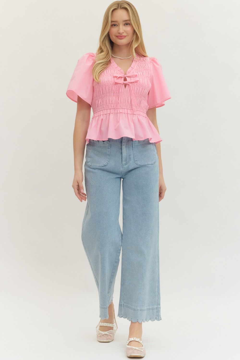 Smocked Bow Tie Peplum Top W/ Flutter Sleeves - Lush Lemon - Women's Clothing - Entro - 37405321693341