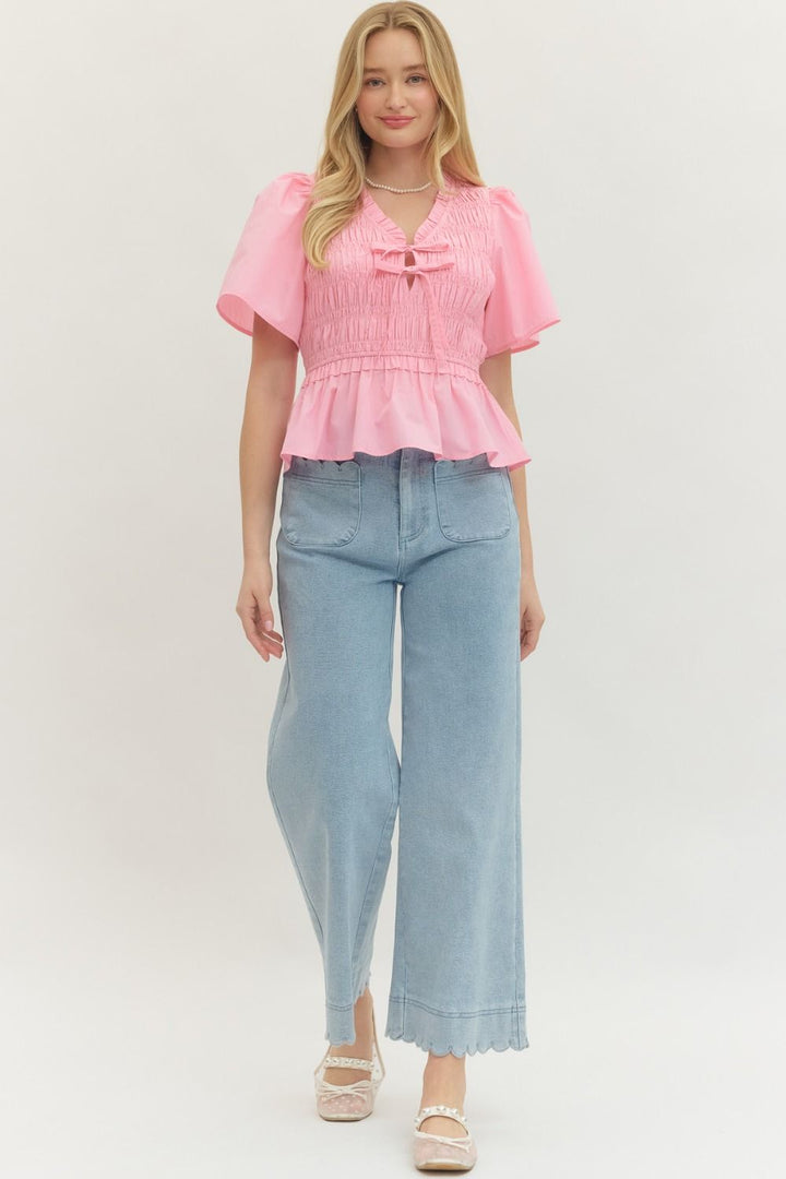 Smocked Bow Tie Peplum Top W/ Flutter Sleeves - Lush Lemon - Women's Clothing - Entro - 37405321693341