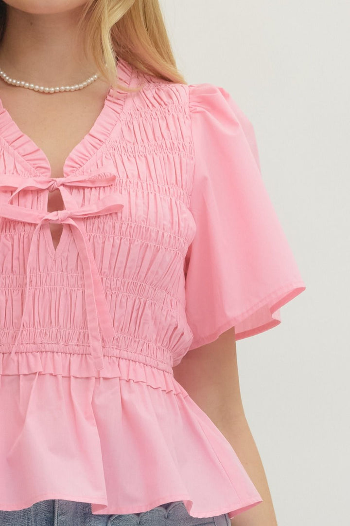 Smocked Bow Tie Peplum Top W/ Flutter Sleeves - Lush Lemon - Women's Clothing - Entro - 37405321693341