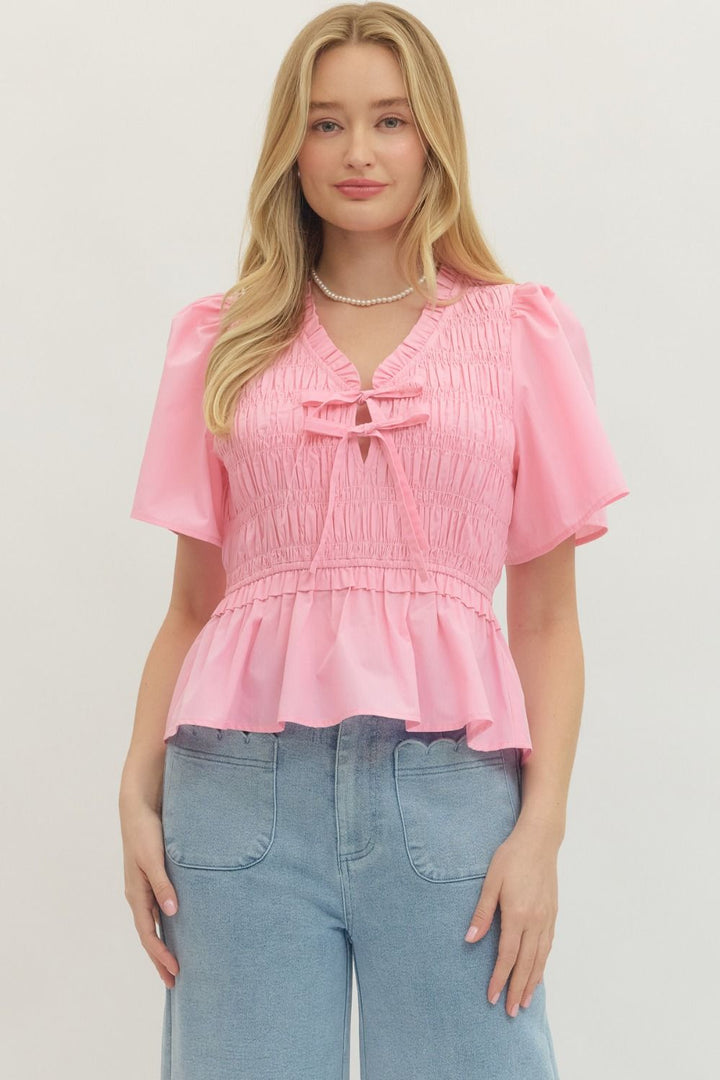 Smocked Bow Tie Peplum Top W/ Flutter Sleeves - Lush Lemon - Women's Clothing - Entro - 37405321693341