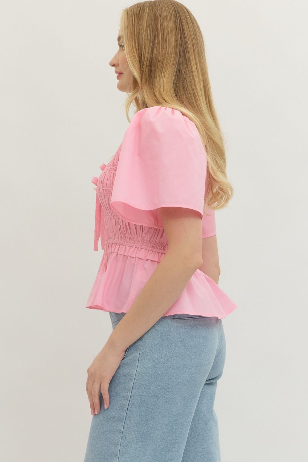 Smocked Bow Tie Peplum Top W/ Flutter Sleeves - Lush Lemon - Women's Clothing - Entro - 37405321693341