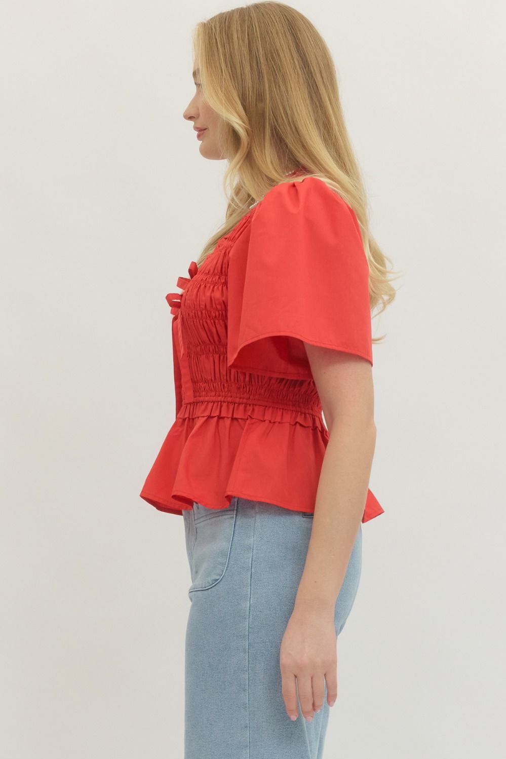 Smocked Bow Tie Peplum Top W/ Flutter Sleeves - Lush Lemon - Women's Clothing - Entro - 37405321991645