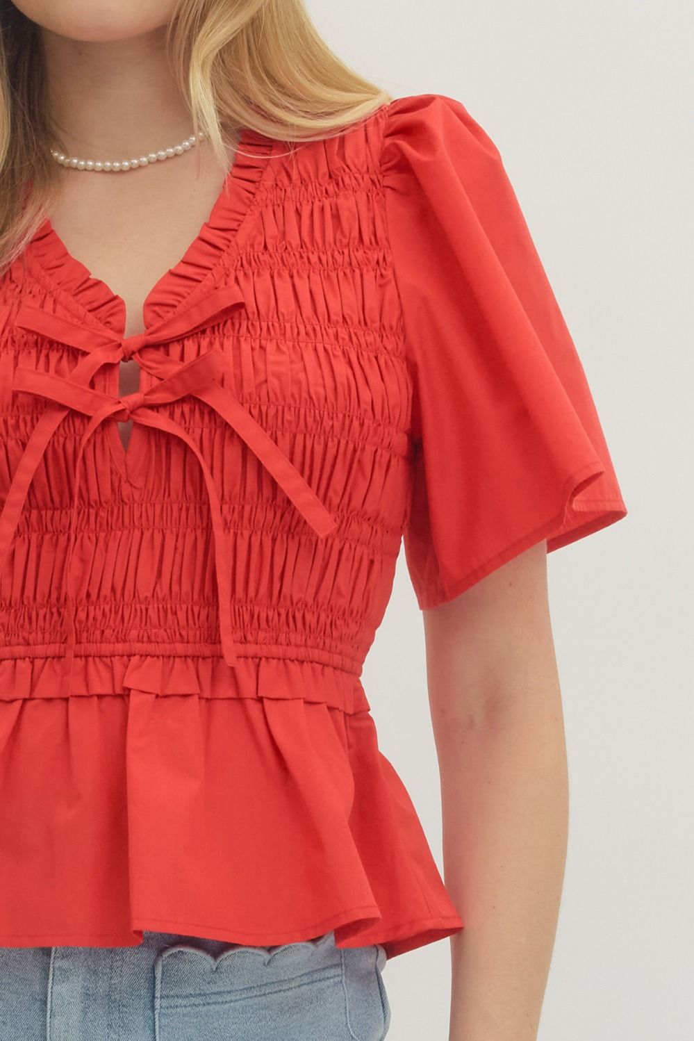 Smocked Bow Tie Peplum Top W/ Flutter Sleeves - Lush Lemon - Women's Clothing - Entro - 37405321991645