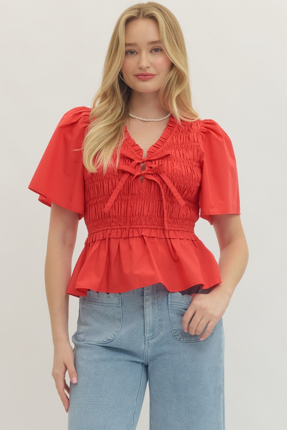 Smocked Bow Tie Peplum Top W/ Flutter Sleeves - Lush Lemon - Women's Clothing - Entro - 37405321991645