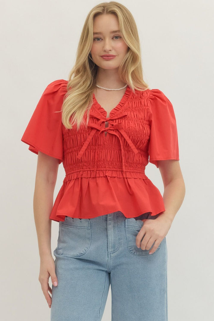 Smocked Bow Tie Peplum Top W/ Flutter Sleeves - Lush Lemon - Women's Clothing - Entro - 37405321991645