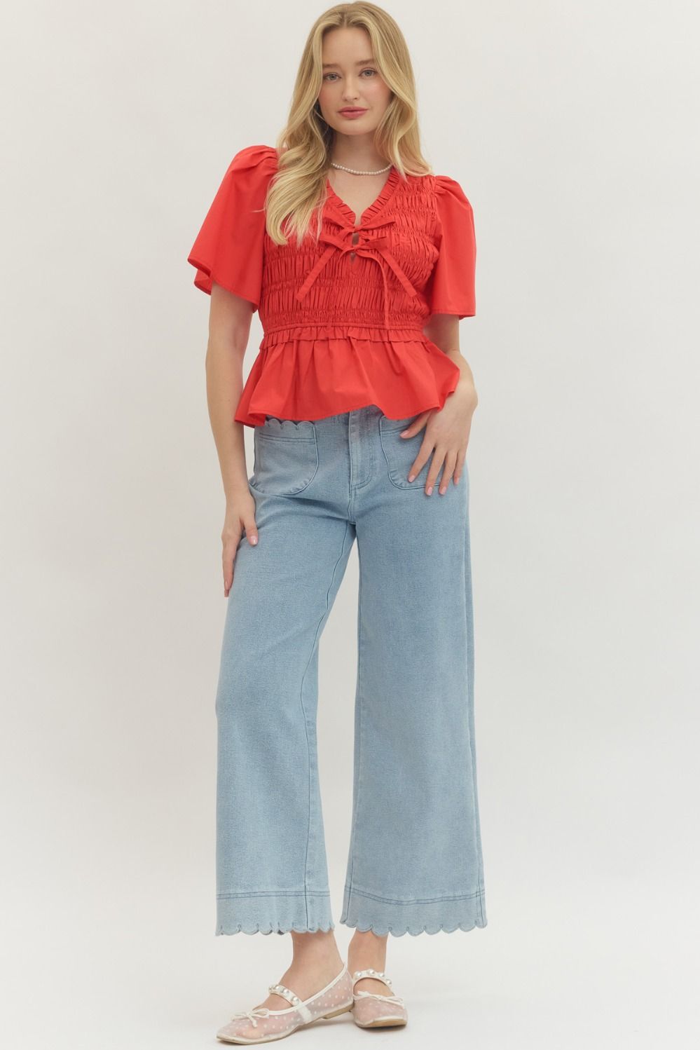 Smocked Bow Tie Peplum Top W/ Flutter Sleeves - Lush Lemon - Women's Clothing - Entro - 37405321991645