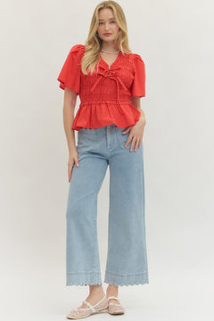 Smocked Bow Tie Peplum Top W/ Flutter Sleeves - Lush Lemon - Women&