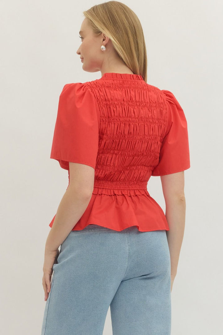 Smocked Bow Tie Peplum Top W/ Flutter Sleeves - Lush Lemon - Women's Clothing - Entro - 37405321991645