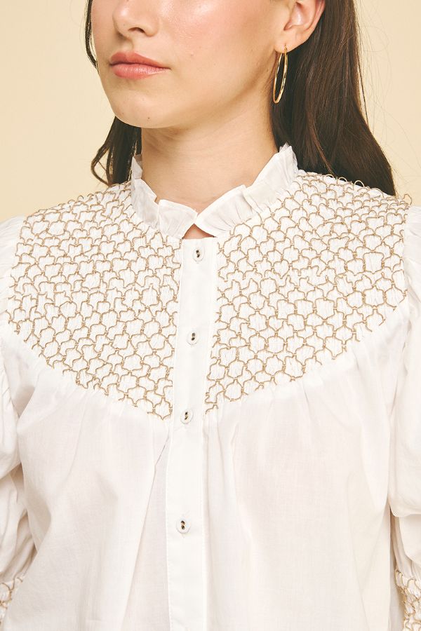 Smocked Embroidered Button Down Blouse - Lush Lemon - Women's Clothing - Pinch - 53650861084061