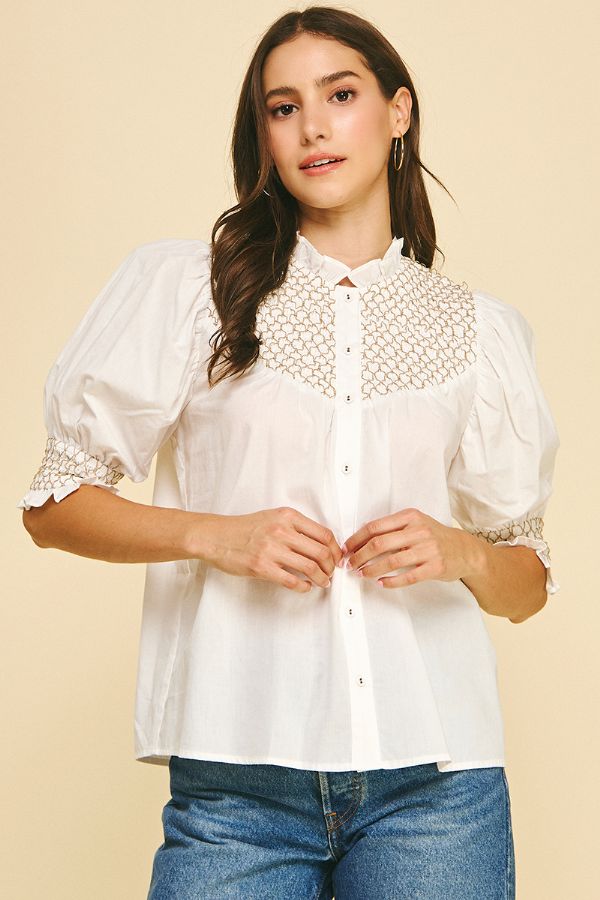 Smocked Embroidered Button Down Blouse - Lush Lemon - Women's Clothing - Pinch - 53650861084061