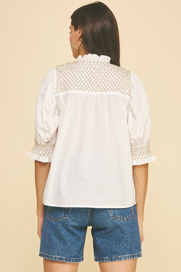 Smocked Embroidered Button Down Blouse - Lush Lemon - Women's Clothing - Pinch - 53650861084061