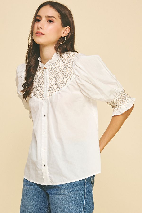 Smocked Embroidered Button Down Blouse - Lush Lemon - Women's Clothing - Pinch - 53650861084061