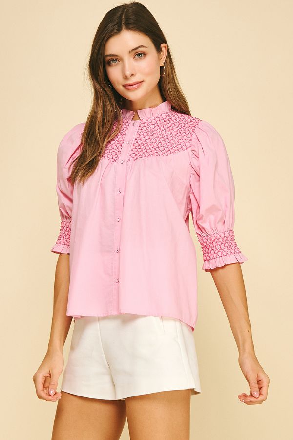 Smocked Embroidered Button Down Blouse - Lush Lemon - Women's Clothing - Pinch - 53650861382365