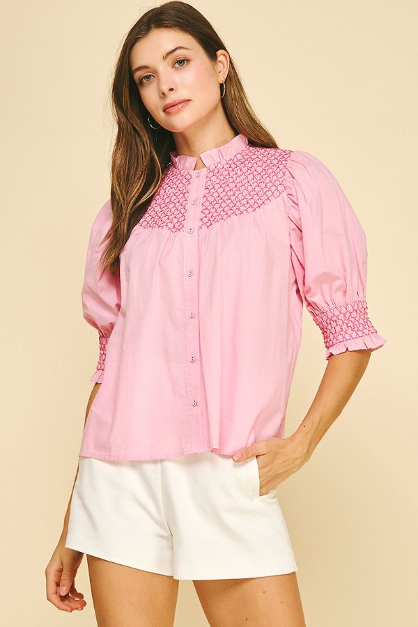 Smocked Embroidered Button Down Blouse - Lush Lemon - Women's Clothing - Pinch - 53650861382365