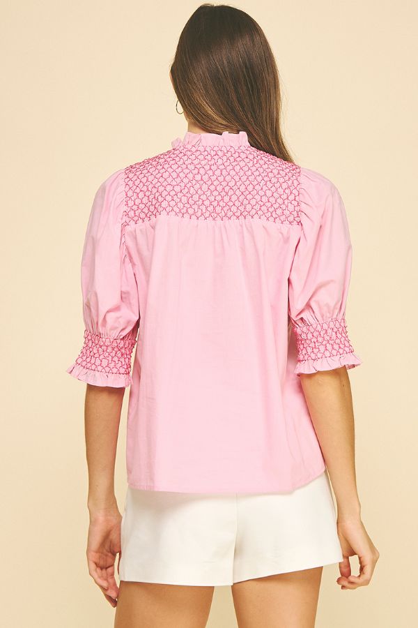 Smocked Embroidered Button Down Blouse - Lush Lemon - Women's Clothing - Pinch - 53650861382365