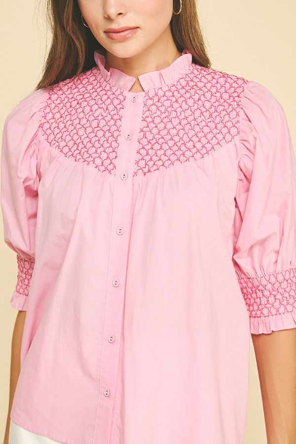 Smocked Embroidered Button Down Blouse - Lush Lemon - Women's Clothing - Pinch - 53650861382365