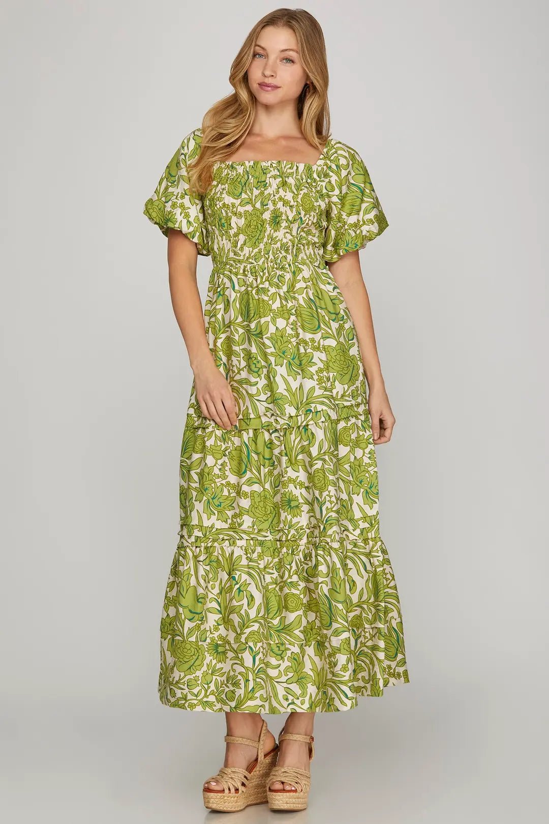 Smocked Floral Print Maxi Dress - Lush Lemon - Women's Clothing - She + Sky - 57985991090909