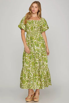 Smocked Floral Print Maxi Dress - Lush Lemon - Women&